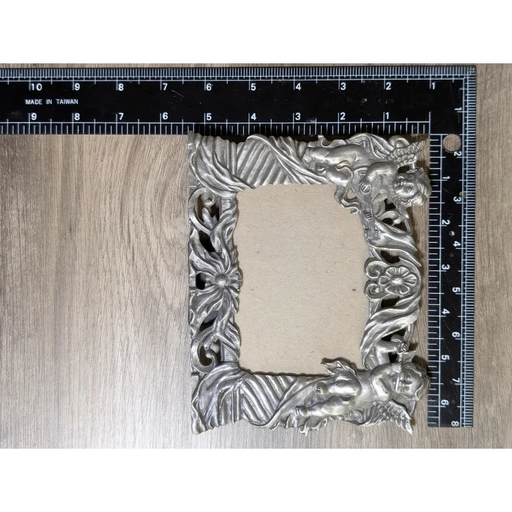 Vintage Ornate Cherub Angel Silver Pewter Style Picture Frame Tabletop Decor